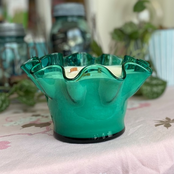 Teal Blue Hand Blown Art Glass Hand Poured Scented Soy Candle - Picture 4 of 7